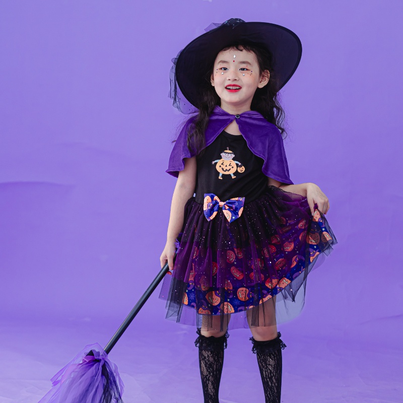 万圣节女童连衣裙斗篷儿童公主裙宝宝cos女巫裙女童演出服全套装