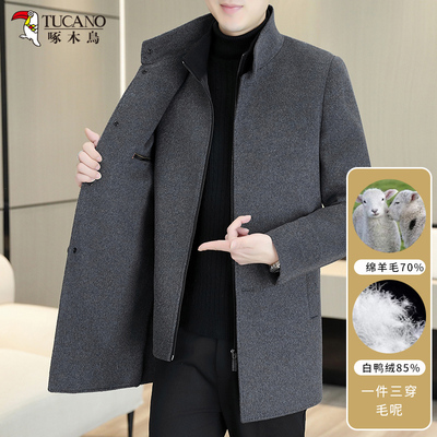 啄木鸟中长款立领羽绒内胆冬毛呢