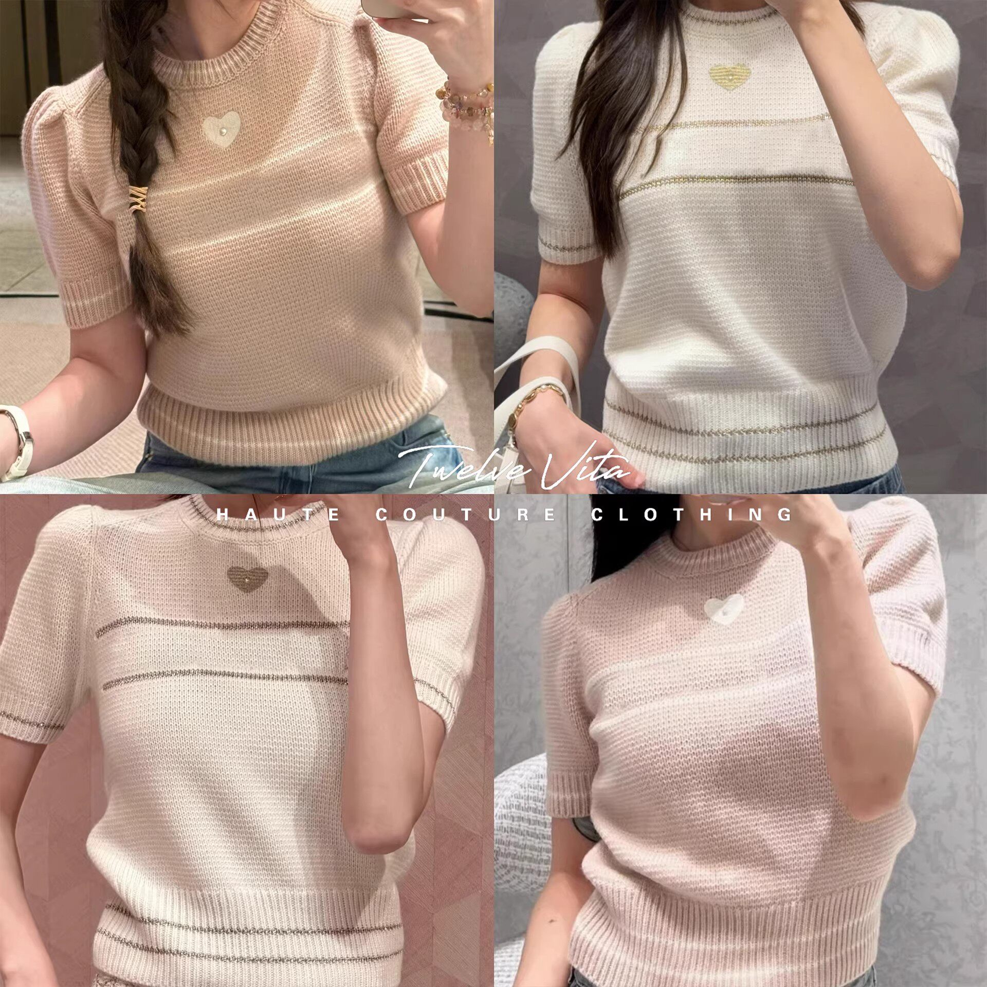 字母刺绣羊绒针织衫短袖毛衣女