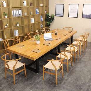 loft工业风实木会议桌长桌培训洽谈桌工作台铁艺办公桌电脑桌餐桌
