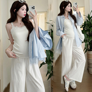 孕妇装春夏套装2026新款孕妈法式穿搭背心蕾丝边衬衫阔腿裤三件套
