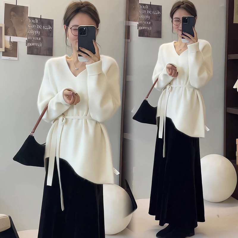 孕妇装秋冬季套装收腰系带毛衣