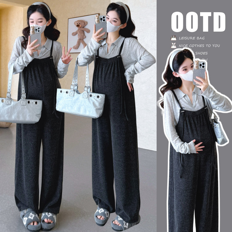 孕妇春装背带裤套装2026新款孕妈高级感穿搭休闲春秋季宽松两件套