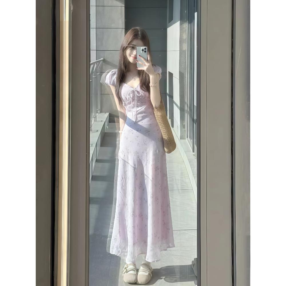 法式茶歇温柔甜美碎花连衣裙夏海边度假绝美穿搭巨好看的气质长裙