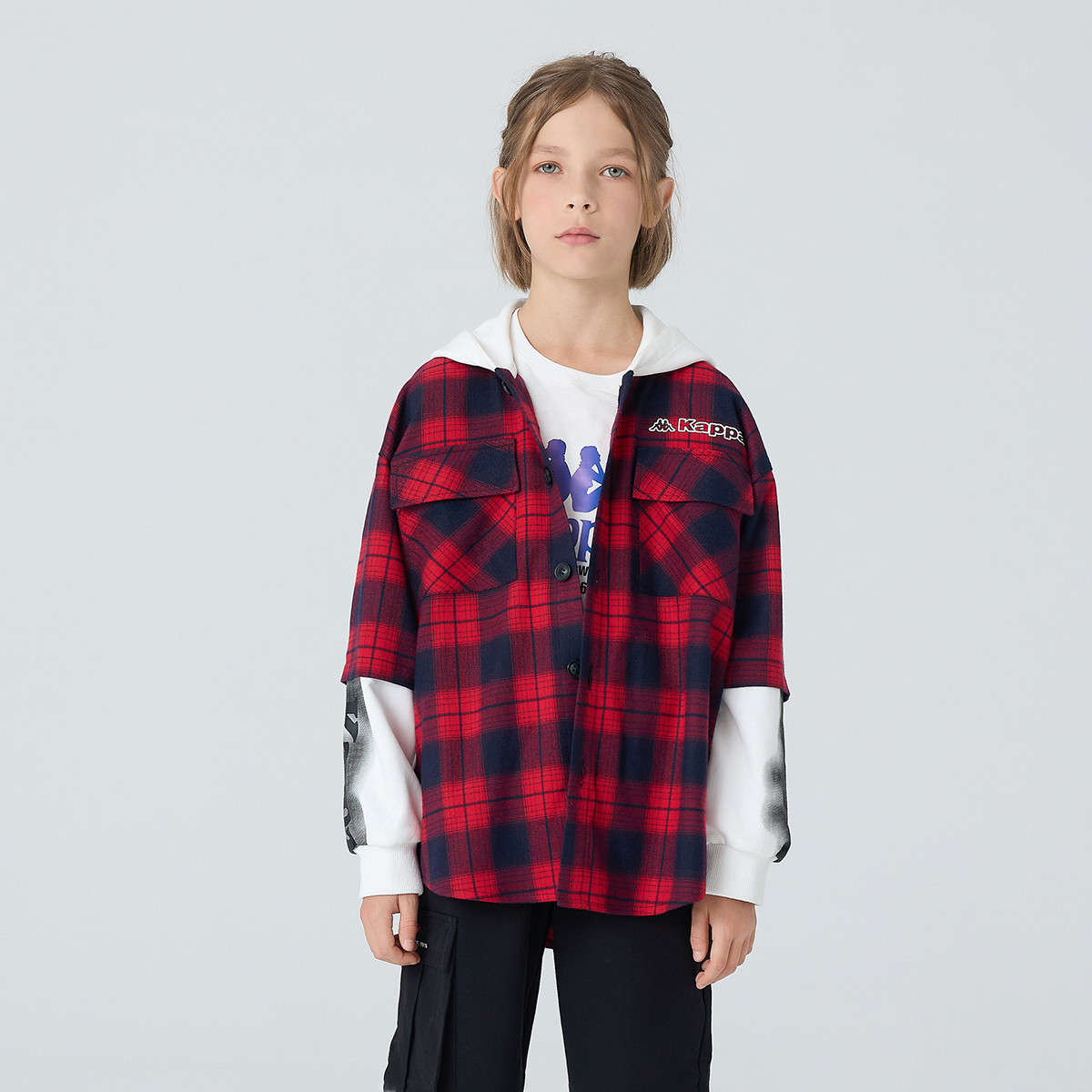 Kappa卡帕童装儿童衬衫假两件春秋装2023新款中大童百搭休闲衬衣