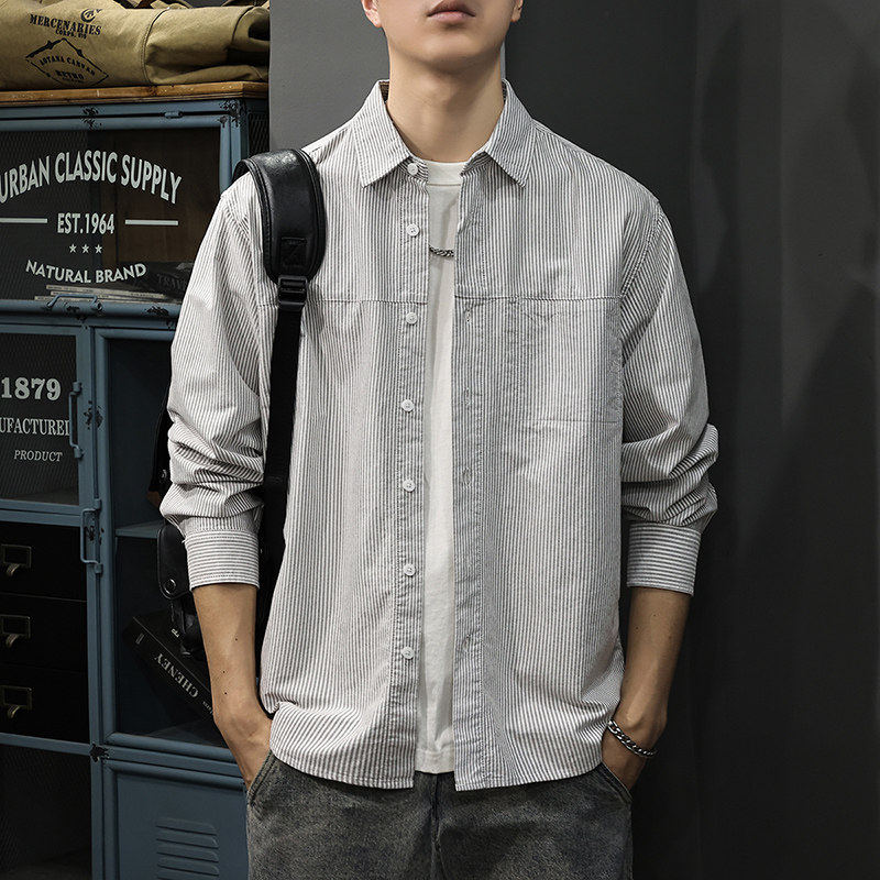 HS春季条纹美式长袖衬衫男士2026新款咖色翻领上衣潮流纯棉衬衣男