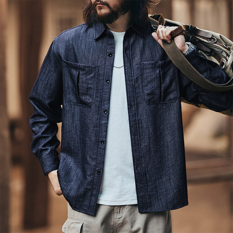 HS美式高端复古纯色长袖衬衫男士2026春季新款工装休闲潮牌外套