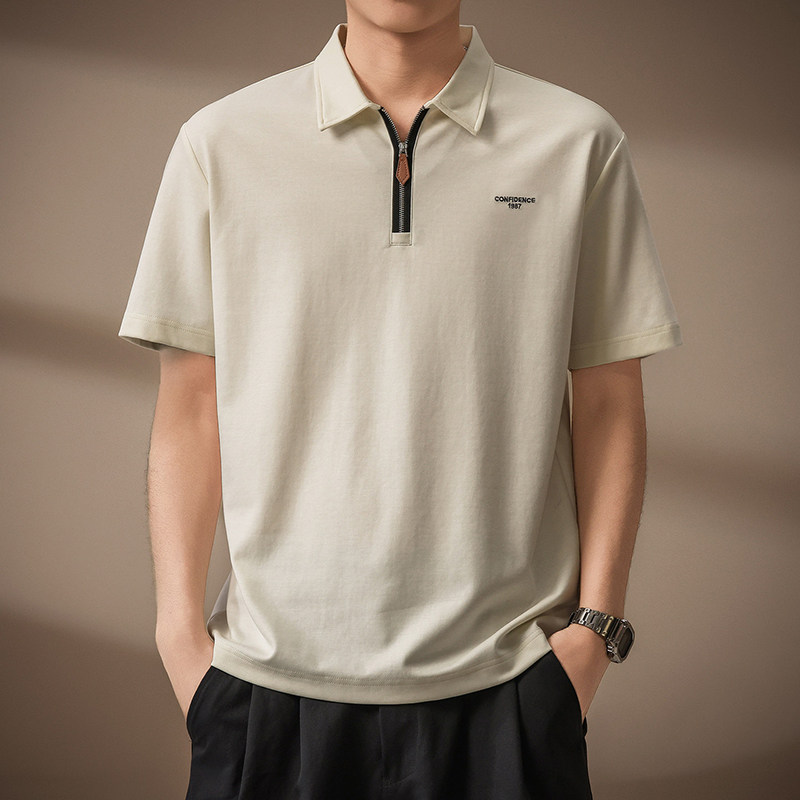 HS夏季美式香草白华夫格绣花Polo衫男2026年半拉链重磅短袖五分袖