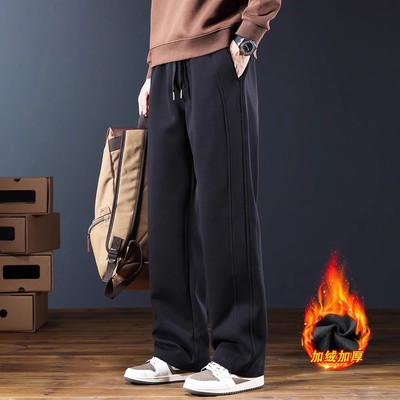 HS秋冬款潮牌加绒加厚休闲裤男士宽松直筒运动保暖外穿百搭长裤子