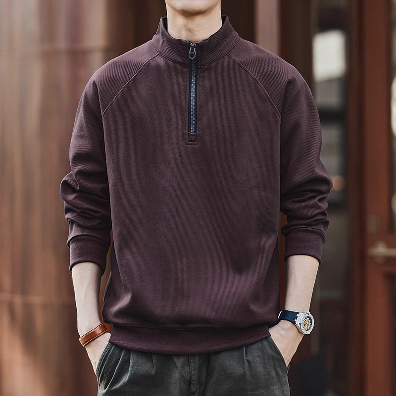 HS美式复古立领长袖卫衣男2026春秋新款潮牌宽松polo衫半拉链上衣