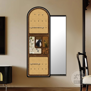 中古风洞洞板装饰画可推拉隐形镜子隐藏式全身镜复古艺术玄关挂画