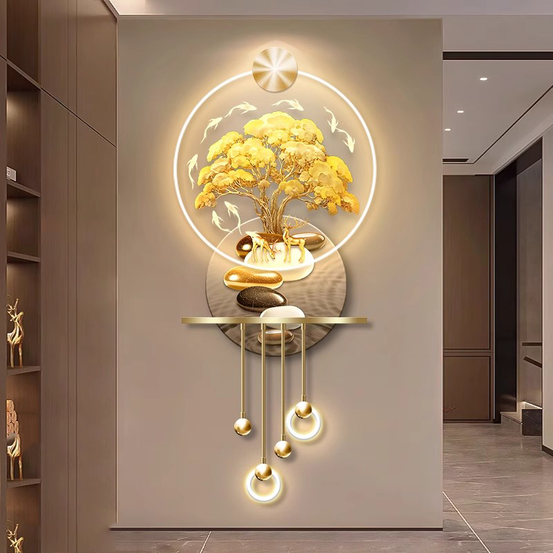 入户正对门发财树玄关装饰画新中式走廊过道挂画立体轻奢发光壁画图片