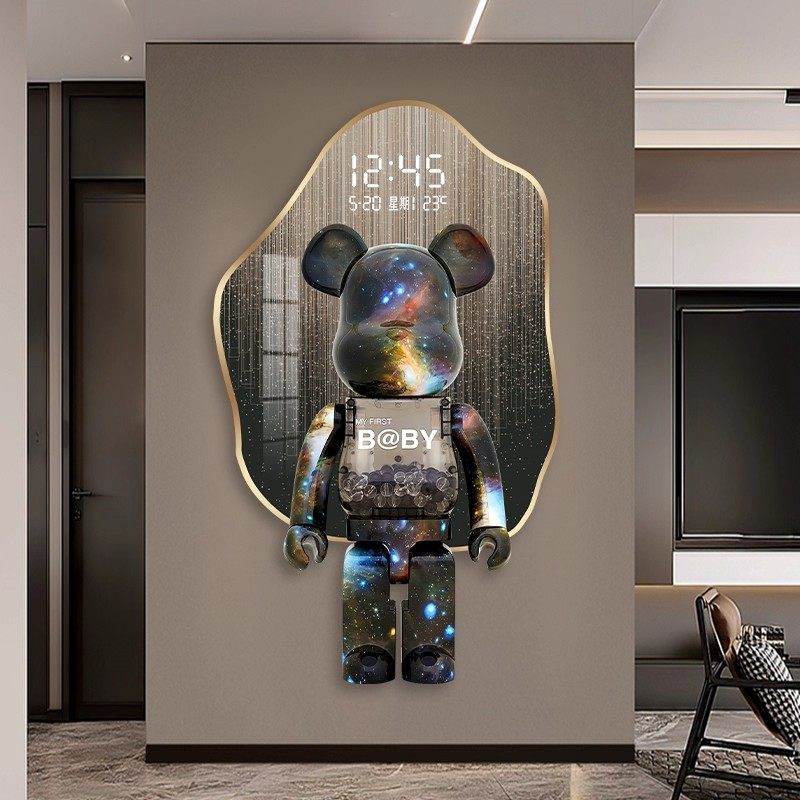 暴力熊玄关装饰画电子屏数显时钟挂画精雕发光灯画现代简约钟表画