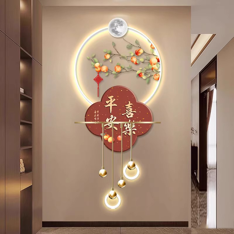 新中式入户玄关装饰画高档立体LED壁灯柿柿如意客厅走廊过道挂画图片