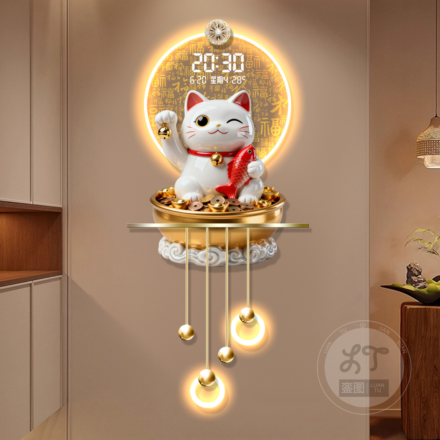 招财猫玄关装饰画万年历电子时钟