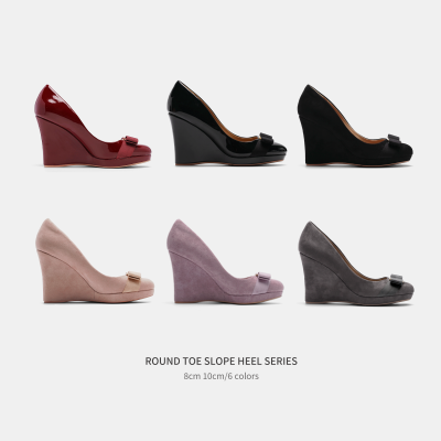 Cihi定制'BOWKNOT HEELS' 真皮坡跟鞋早秋2025新款圆头蝴蝶结单鞋