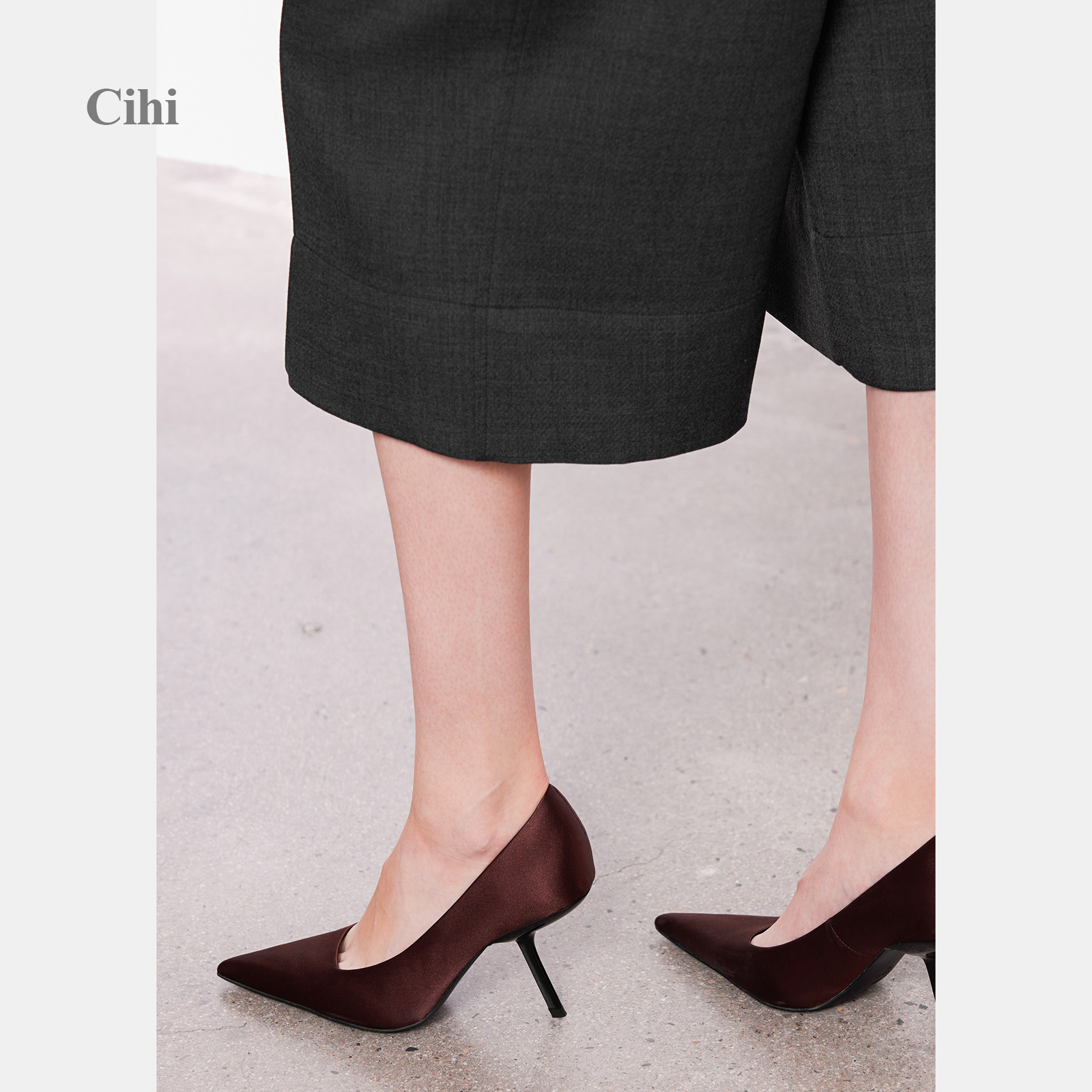 Cihi高定缎面几何方切角领口倾斜异形跟高跟鞋单鞋（27早春新品）