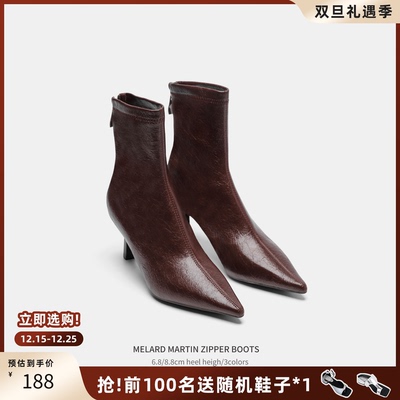 Cihi牛皮尖头高跟马丁靴加绒短靴