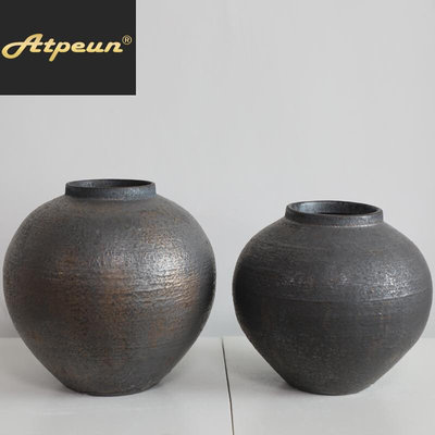 Atpeun景德镇高级感侘寂风枯枝复古粗陶瓷花瓶器做旧大圆罐日式居