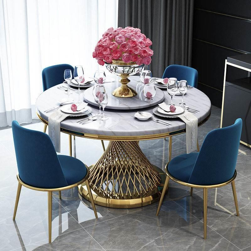 大理石圆桌轻奢带转盘后现代不锈钢家用北欧圆形餐桌椅组合小户型