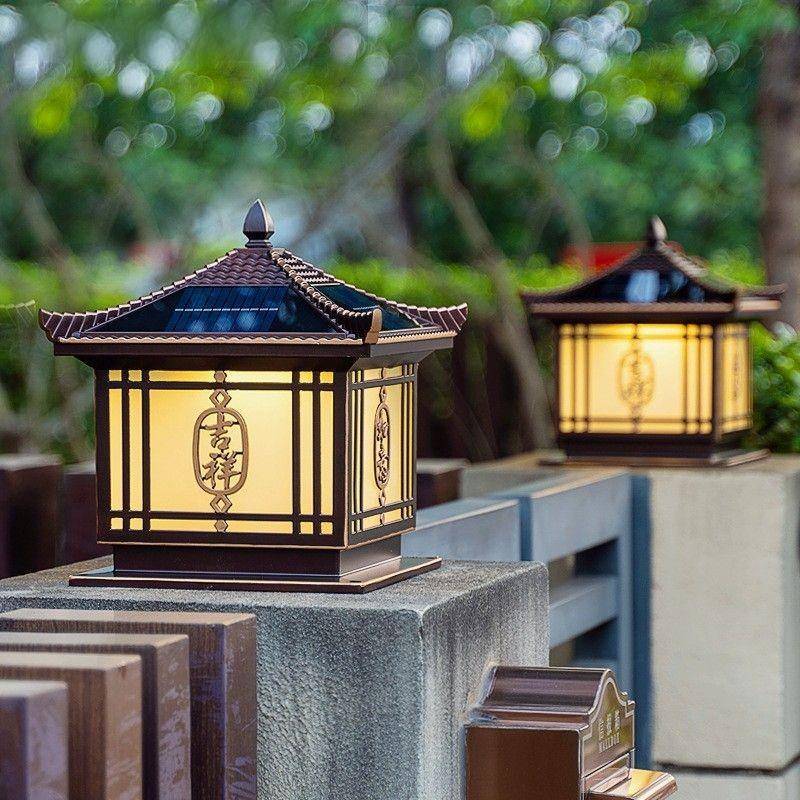 吉祥如意太阳能柱头灯围墙别墅大门柱灯户外庭院围栏防水柱子灯