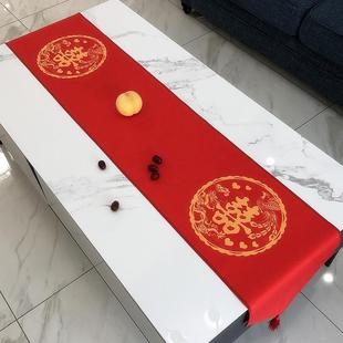 桌旗婚礼防水印花结婚茶几盖布棉麻包边喜庆桌布桌旗 新中式