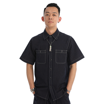 全棉牛仔短袖衬衫拔印方领印花