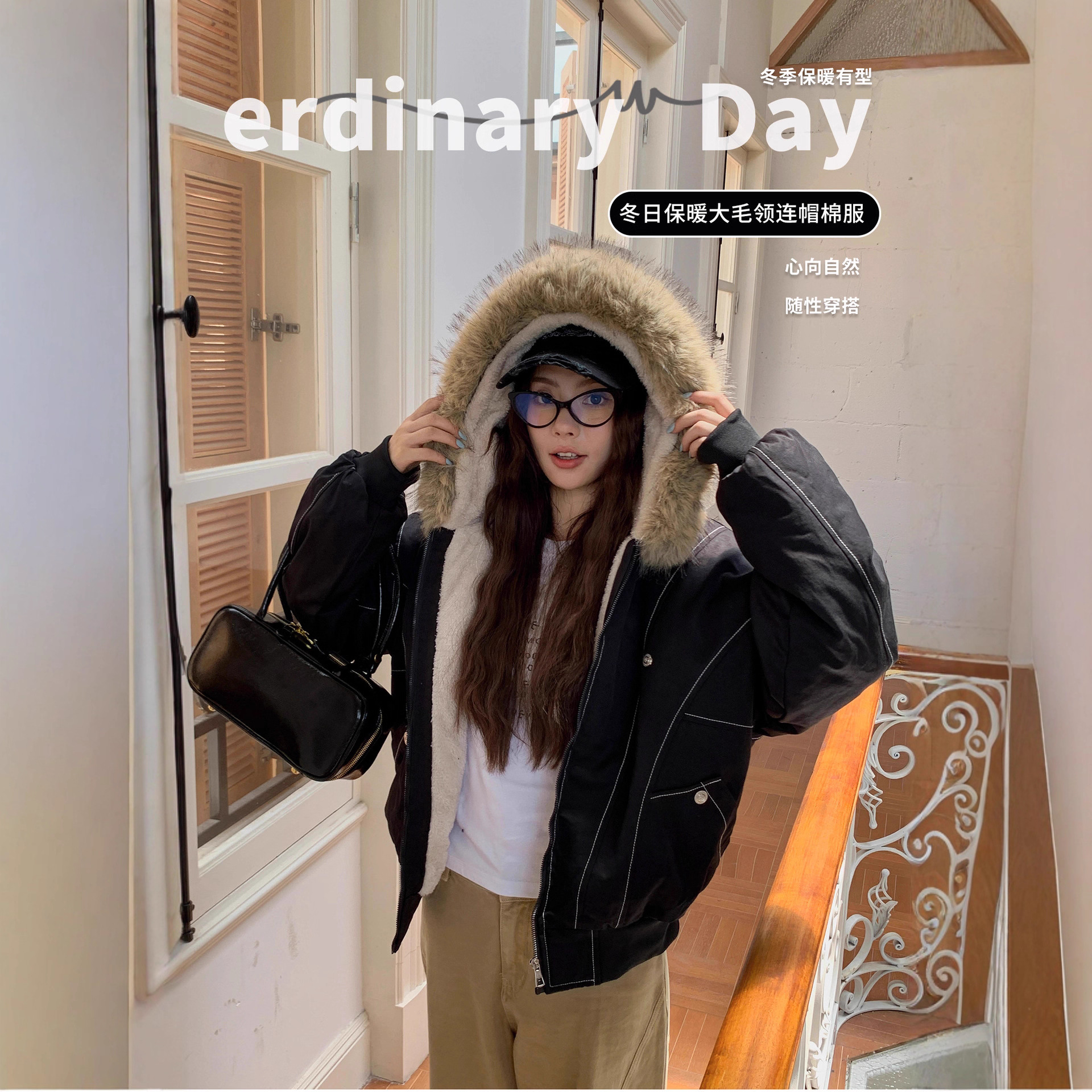 欧美跨境复古毛领派克棉服2025新款冬季座山雕美式宽松连帽厚棉衣