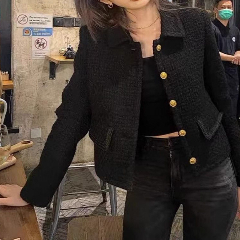秋冬季黑色复古小香风短外套女2毛呢外套