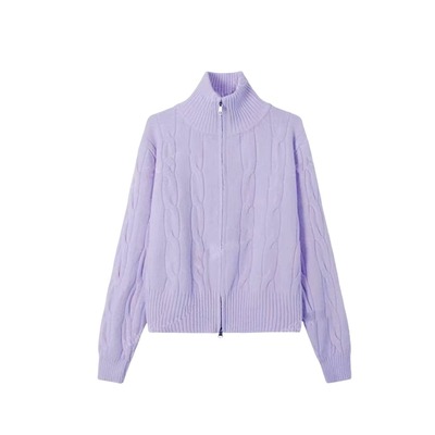 香芋紫麻花拉链半高领毛衣外套女2024新款冬季穿搭加厚多巴胺上衣