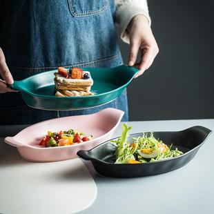 哑光双耳鱼盘家用双耳烤盘北欧陶瓷菜盘子椭圆盘饭盘微波炉焗饭盘