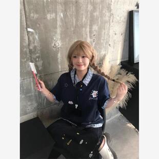文文不乖美式 宽松上衣 复古刺绣学院风假两件POLO领短袖 t恤女夏季
