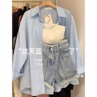 宽松显瘦蓝色衬衫 套装 微胖mm韩版 三件套 吊带牛仔短裤 女装 大码 夏季