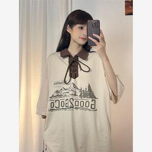 SOLDOUT原创美式 T恤女夏宽松设计感上衣 复古酒红色翻领POLO衫 短袖