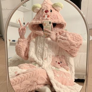 法兰毛绒睡衣女冬季加厚珊瑚绒外套睡裙LOOPY海狸露比睡袍可外穿