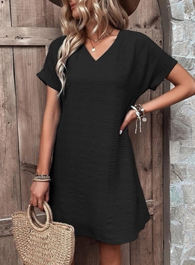 2025TEMU亚马逊跨境春夏新款性感修身V领纯色短袖连衣裙优雅休闲