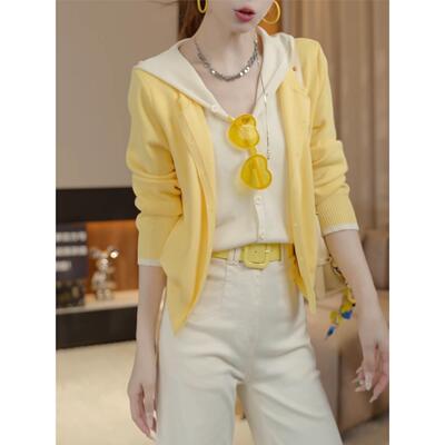 假两件黄色长袖连帽针织