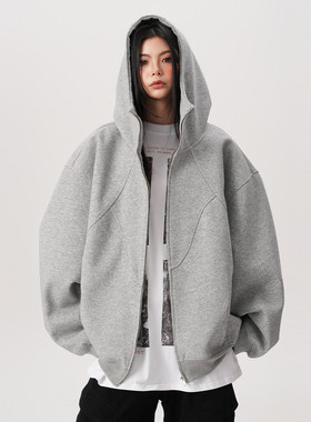 BWKA美式重磅解构连帽开衫卫衣女男春季加绒加厚拼接设计感短外套