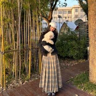 PlaceOrder易梦玲同款百褶格子半身裙2025春季新款低腰A字长裙子