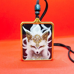 狐王唐卡吊坠手绘描金狐王项链挂件九尾白狐招财好运护身饰品挂坠