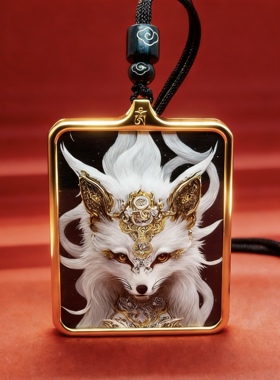 狐王唐卡吊坠手绘描金狐王项链挂件九尾白狐招财好运护身饰品挂坠
