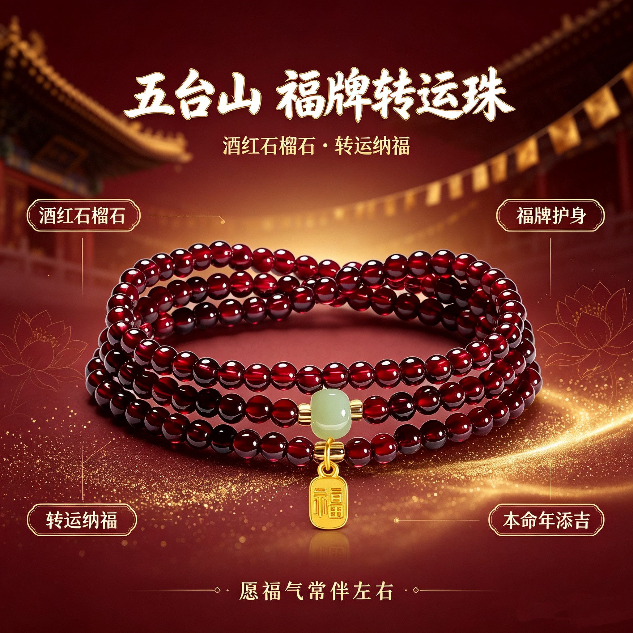 五台山石榴石多圈手链女酒红石榴石和田玉福牌手串转运纳福多财链图片