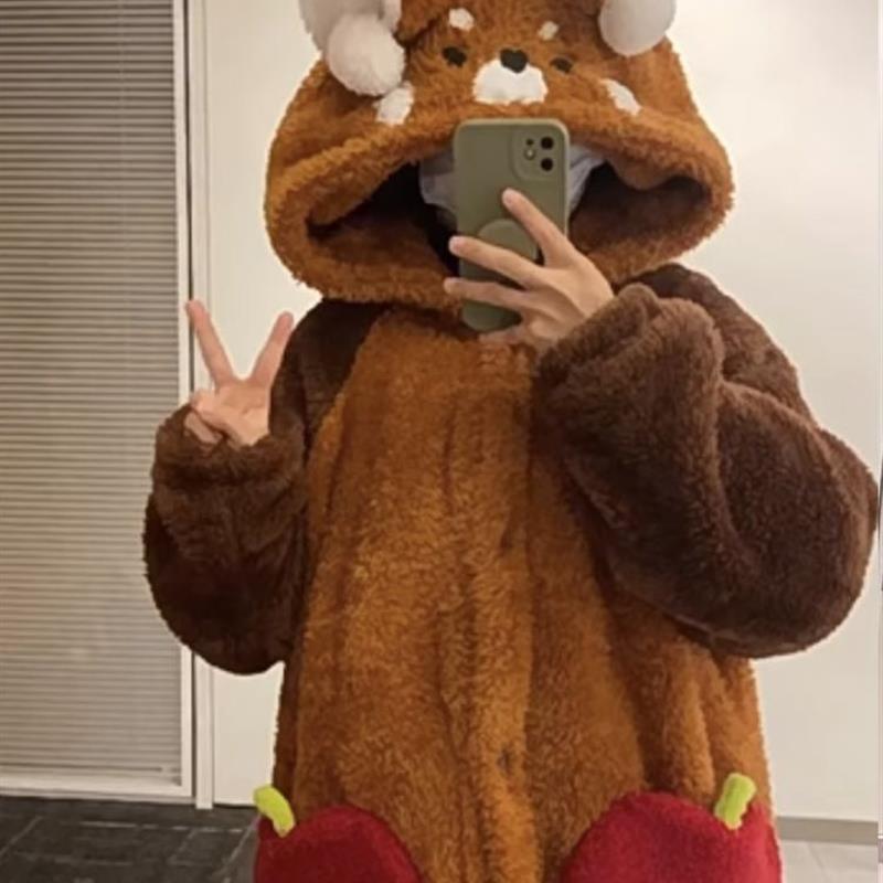 小熊猫连体睡衣女秋冬季2025新款珊瑚绒加绒加厚情侣款睡袍可外穿