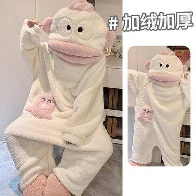 丑鱼睡衣秋冬季女珊瑚绒加厚加绒浴袍冬季睡袍连体大头鱼家居服