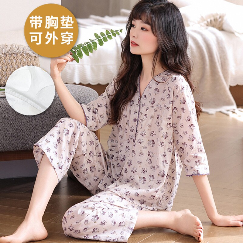 九分裤睡衣女夏带胸垫可外穿纯棉短袖七分裤夏季薄款家居服女款夏