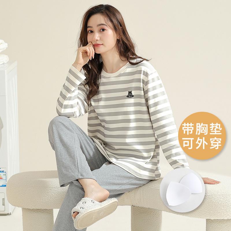 春秋纯棉带胸垫长袖女睡衣套装