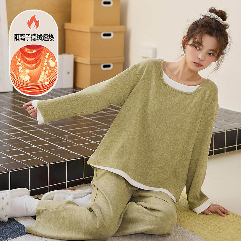 德绒睡衣女款春秋季2026新款长袖长裤套头磨毛薄绒休闲少女家居服