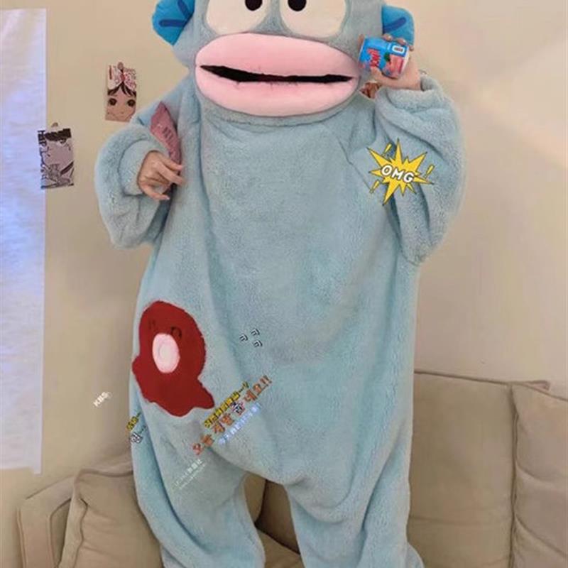 2025新款汉顿丑鱼卡通连体睡衣女秋冬季搞怪奇葩情侣男珊瑚绒睡裙