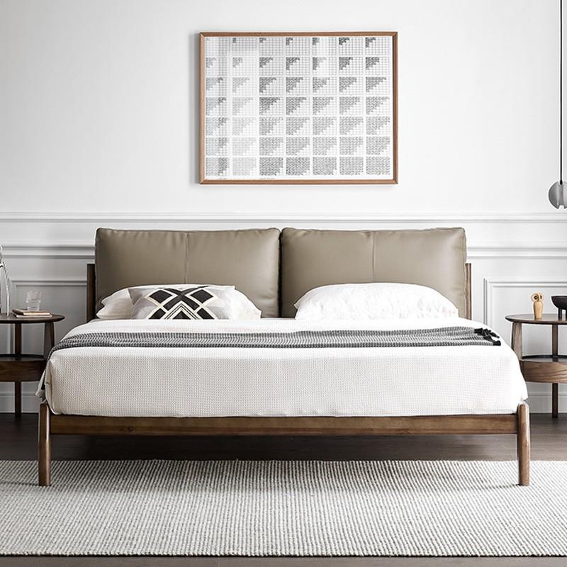 意式极简1头层真皮双床现人代简约北欧实木白蜡木主卧B239复古床.