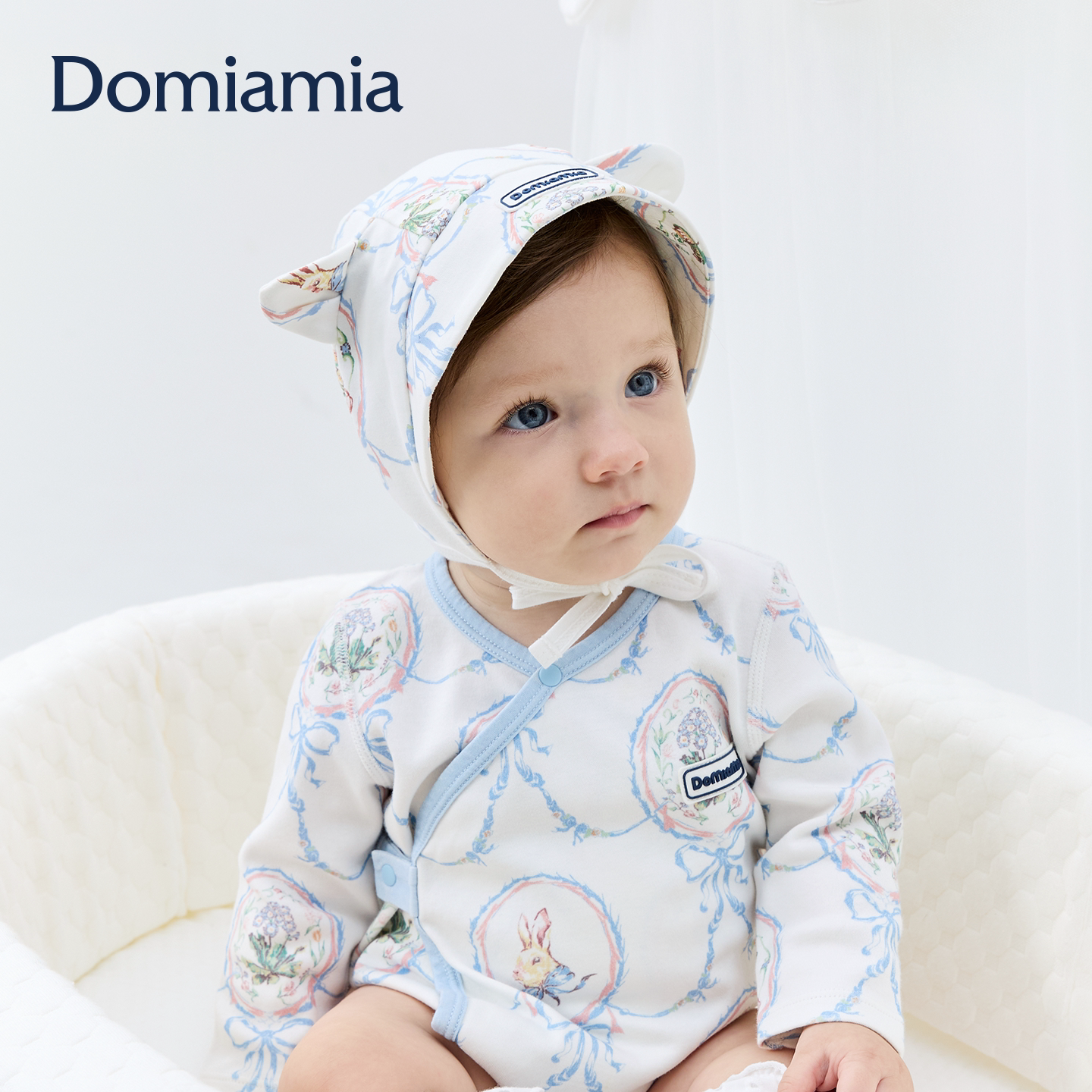 Domiamia婴幼儿猫耳胎帽春夏季0-6个月初生宝宝囟门帽新生儿帽子图片